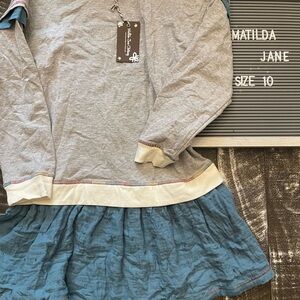 Matilda Jane Gray Top with Blue Skirt and Cream Trim